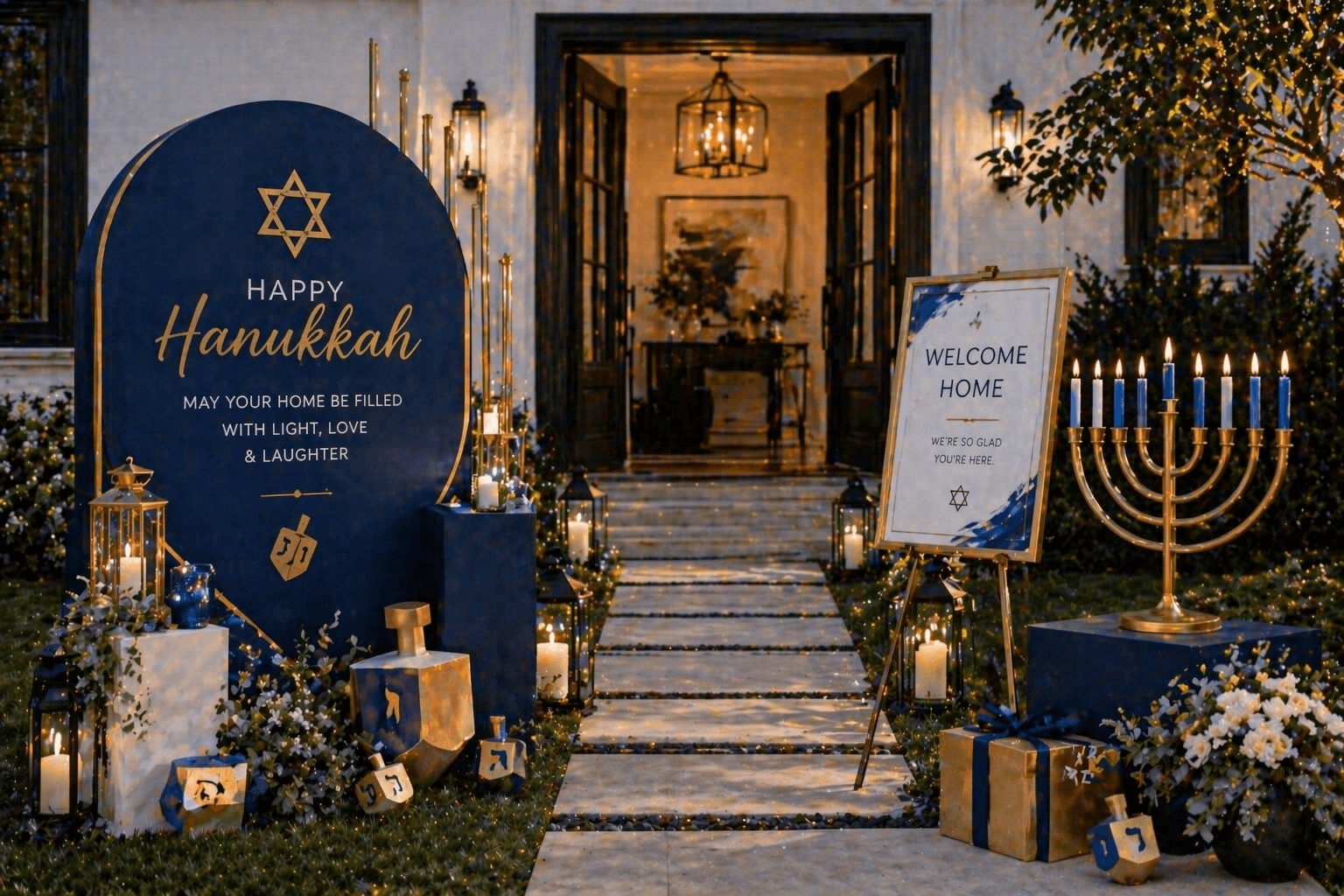 Hanukkah candles and blue ribbon styling on a home exterior