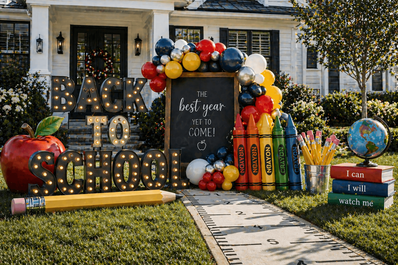 A front entry styled with warm autumn florals, heirloom pumpkins, and brass lanterns at golden hour. with pumpkin & seasonal displays