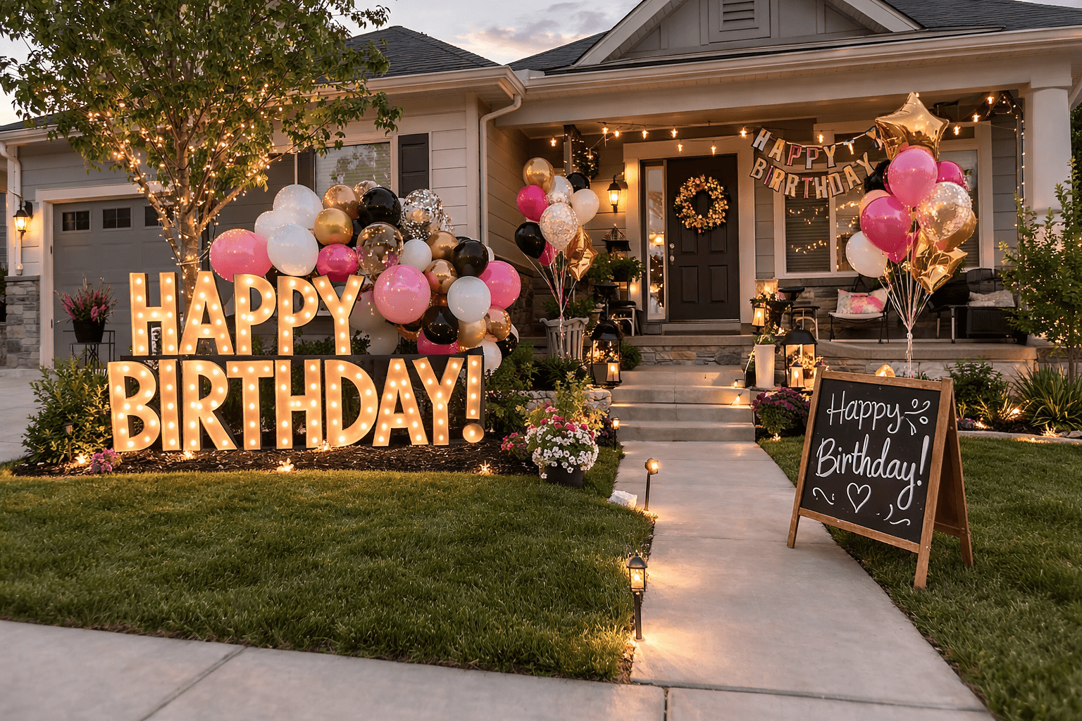 A front entry styled for a birthday with marquee letters and architectural balloon florals. in University Hills, Las Colinas, Texas