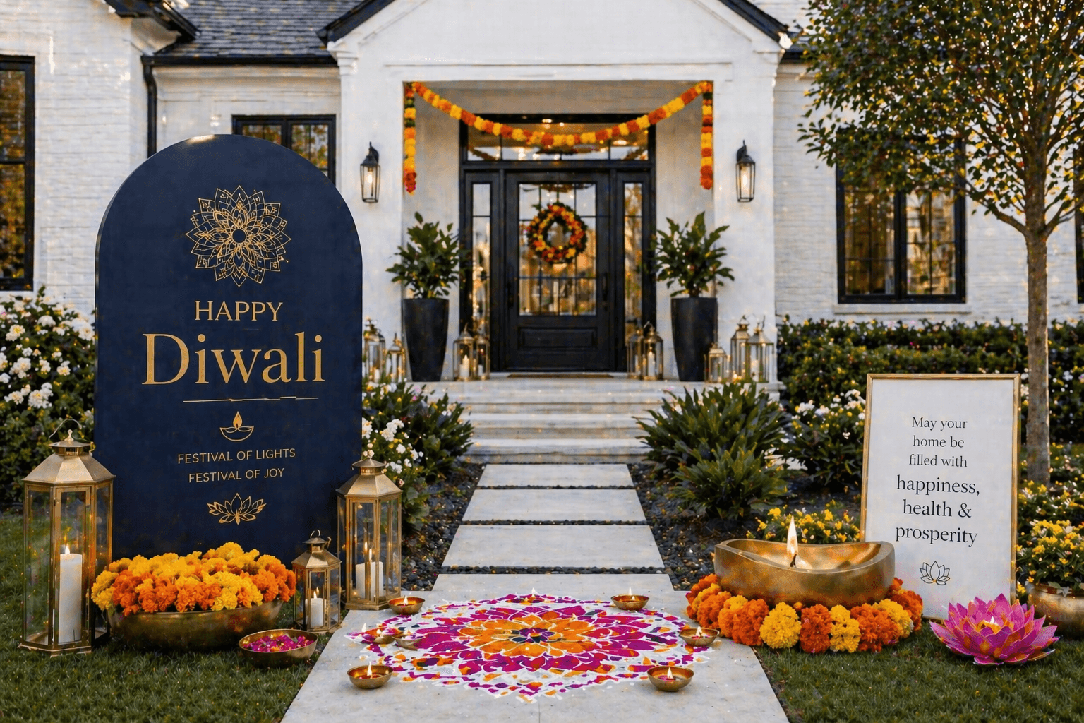 Diwali lights and florals on a suburban front entry