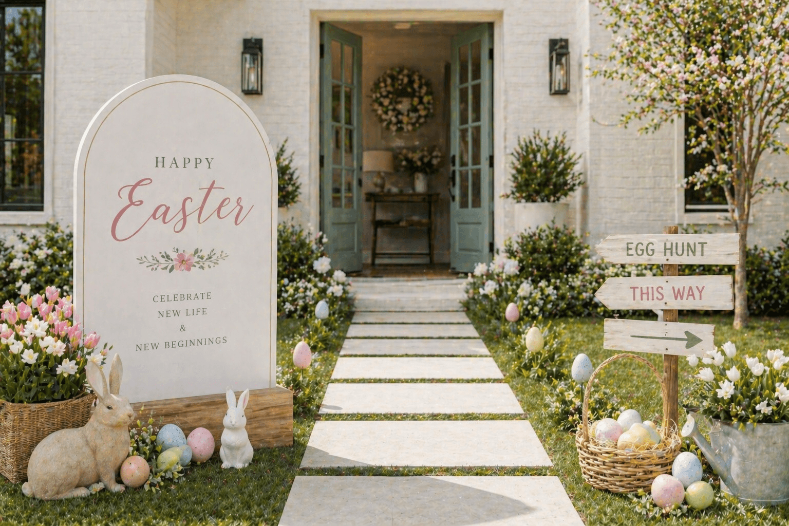 A front porch styled for Easter with pastel florals and natural elements. in Glade Hill, Colleyville, Texas