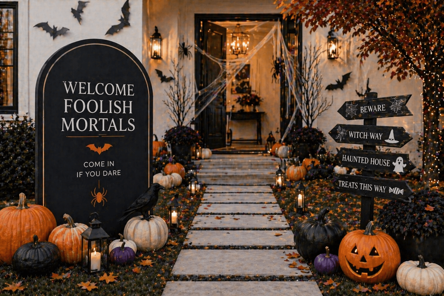 Halloween front porch with heirloom pumpkins and dried corn stalks