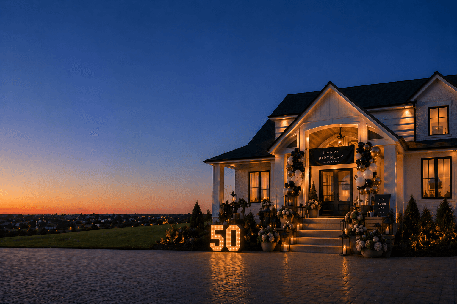 A children's birthday porch with balloon architecture and signage