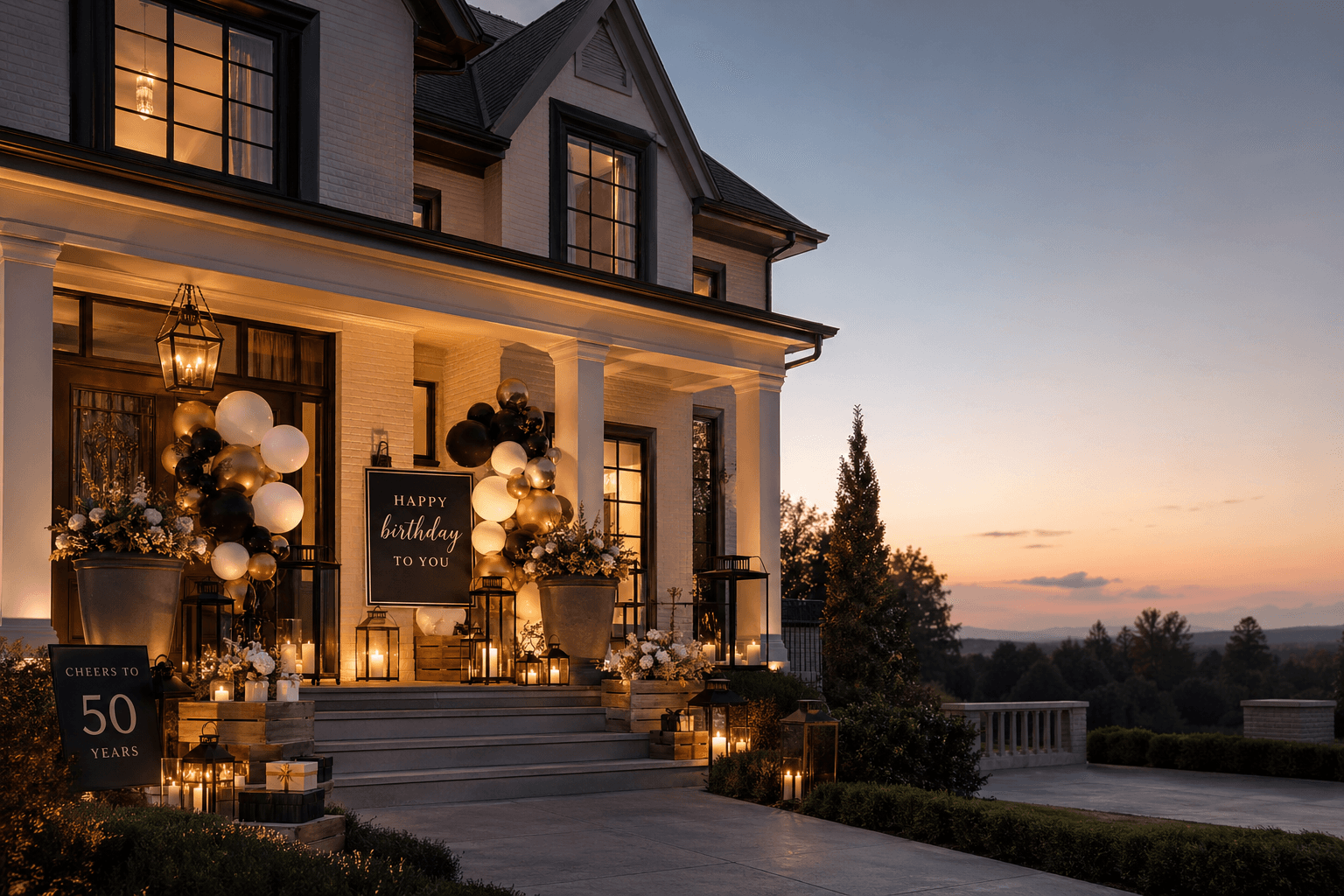 An evening birthday styling with floral installation and lit lanterns