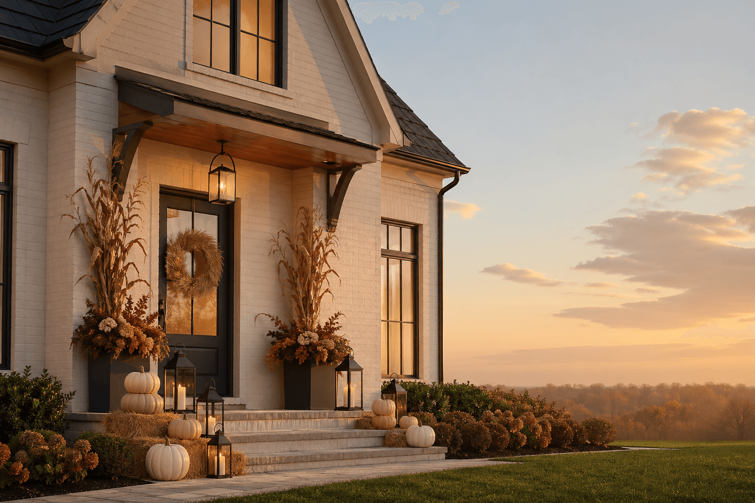An autumn entry with deep-hued mums and dried grasses