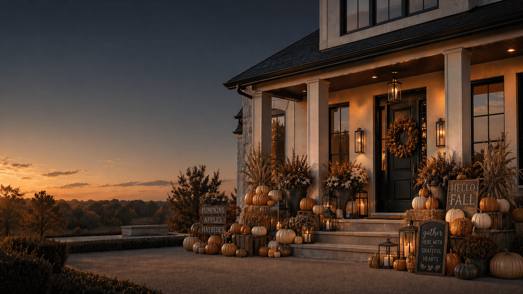 A fall front porch with heirloom pumpkins, dried corn stalks, brass lanterns, and bronze mums at golden hour. in University Hills, Las Colinas, Texas