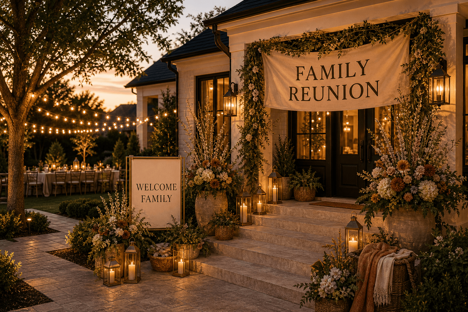 A warm front entry styled for a reunion with a Family Reunion banner, Welcome Family sign, arrival arch, florals, string lights, and a long-table glimpse.