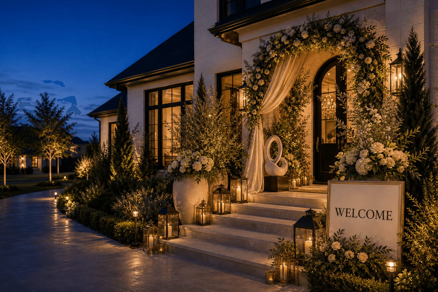 A blue-hour estate front entry styled as a custom install with a Welcome sign, draped floral arch, cream planters, lanterns, path lights, and refined custom styling.