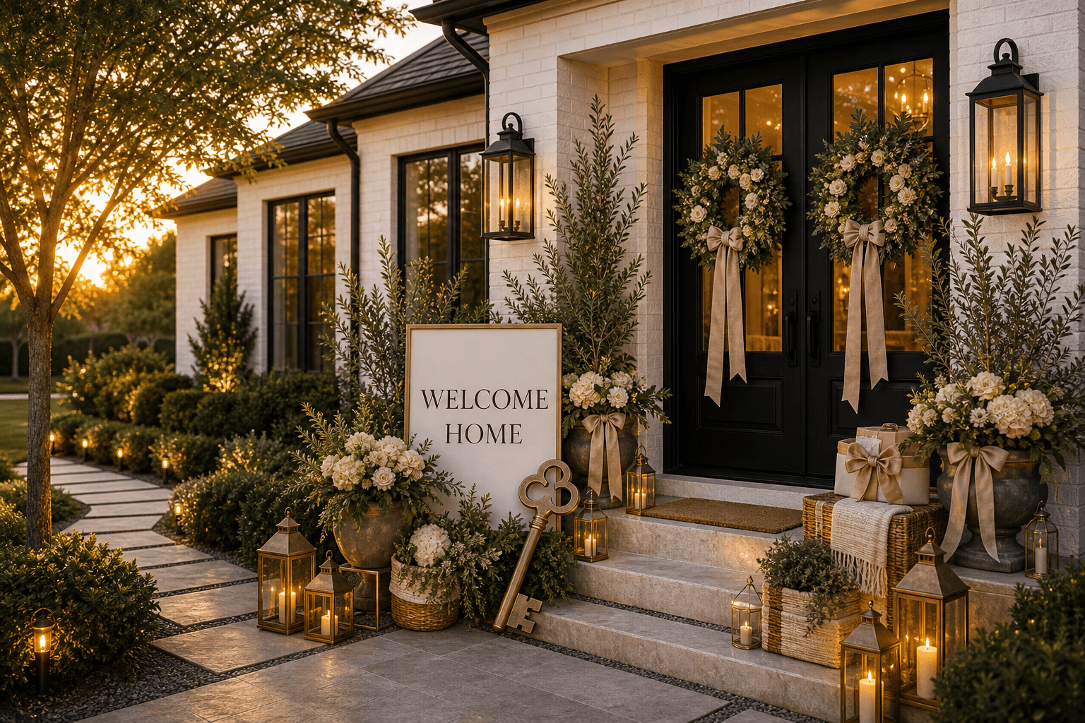 A new white brick front entry styled for a housewarming with a Welcome Home sign, paired wreaths, refined florals, a brass key prop, and lanterns.
