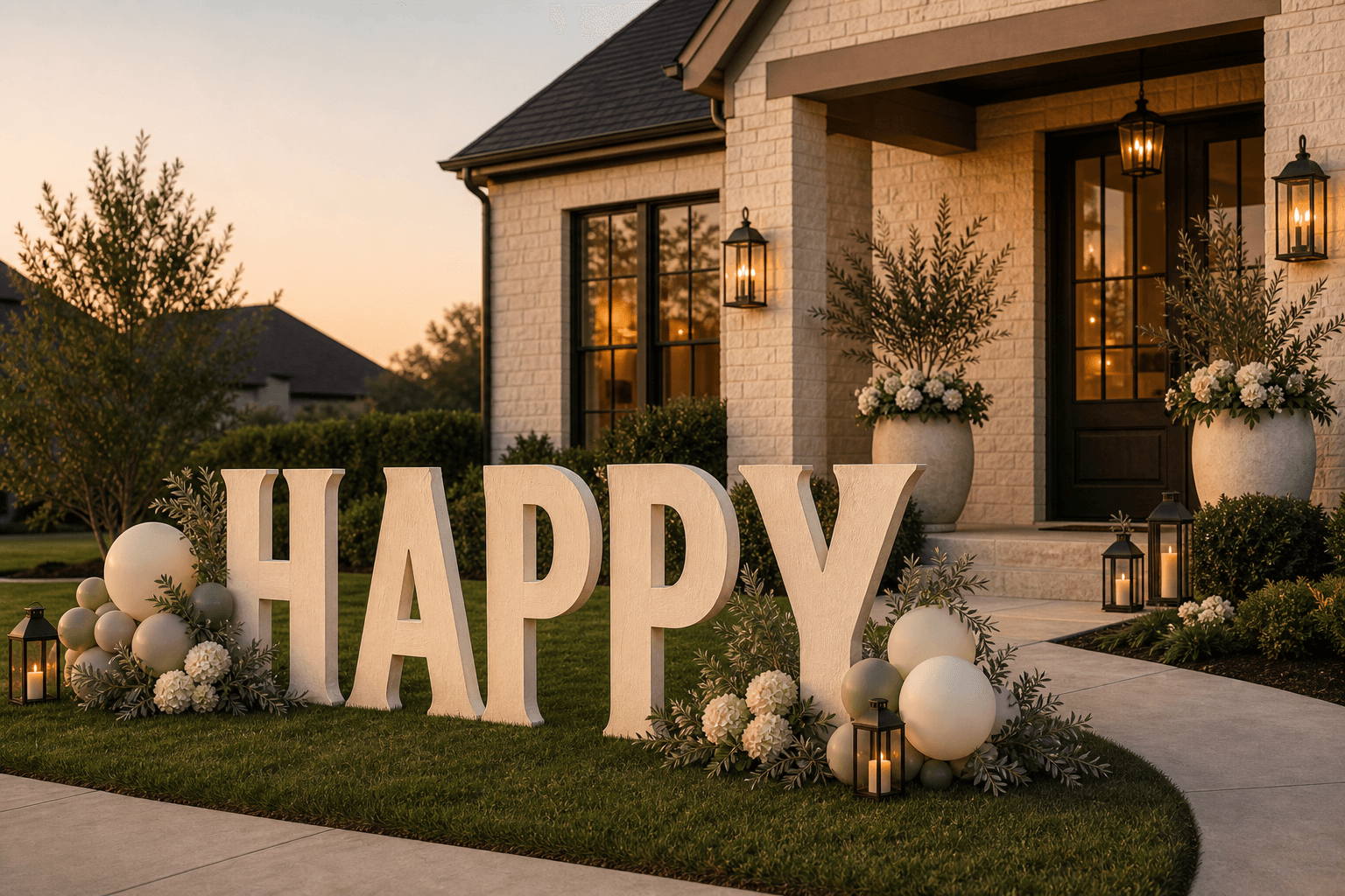 A front lawn styled with oversized cream HAPPY letters, florals, balloons, lanterns, and a warm residential entry behind them.