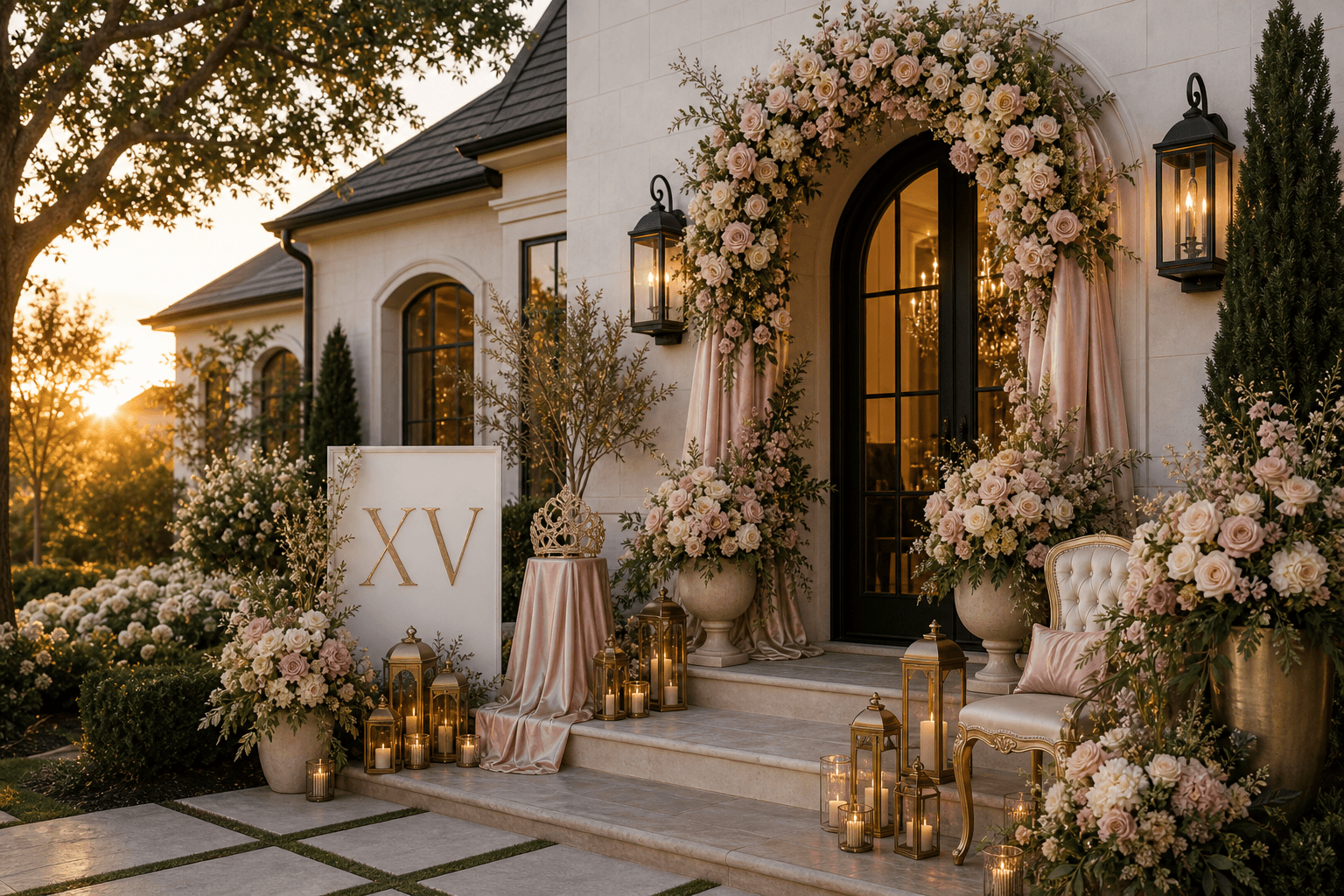A white stucco arched entry styled for a quinceanera with an XV sign, blush floral arch, satin draping, lanterns, and a chair vignette.