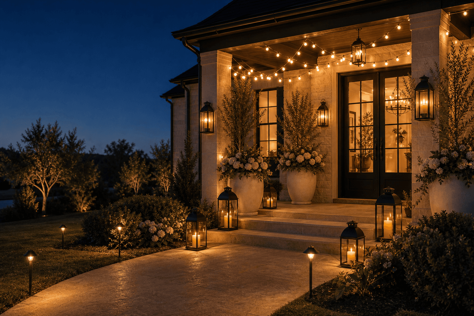 A blue-hour front entry glowing with oversized lanterns, warm festoon lights, path stakes, planters, and candlelit steps.