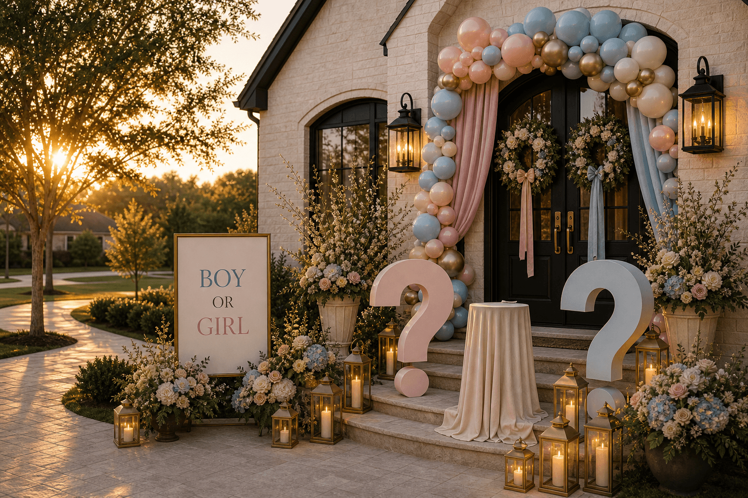 A limestone front entry styled for a gender reveal with a Boy or Girl sign, matte question-mark props, blush and powder-blue balloons, florals, and lanterns.