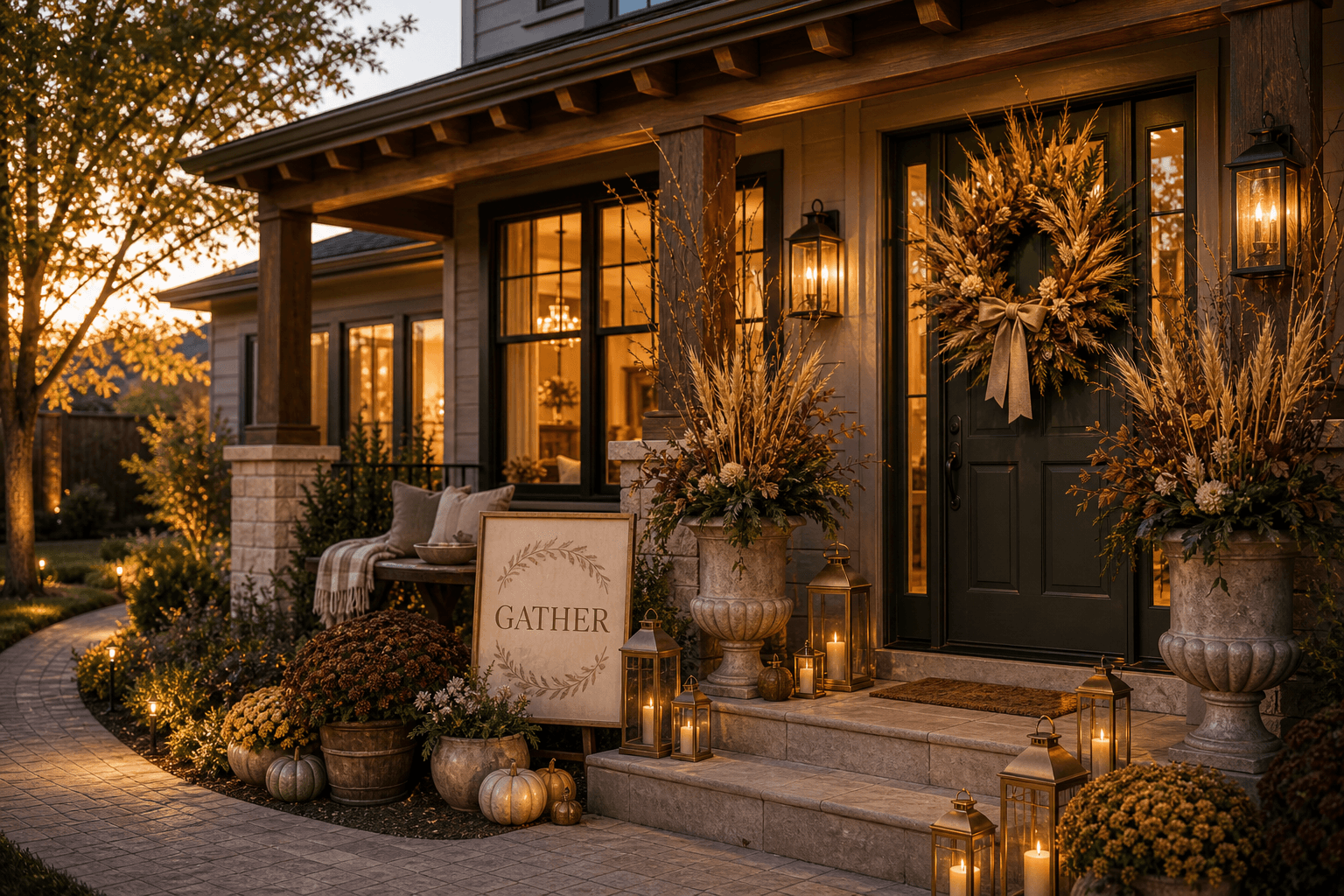 A craftsman-style covered porch at golden hour styled for Thanksgiving with wheat urns, branch arrangements, a Gather sign, brass lanterns, and sparse heirloom pumpkins.