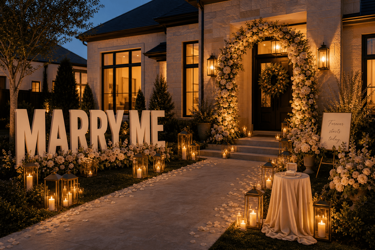 A front entry at blue hour styled for a proposal with Marry Me yard letters, an ivory floral arch, candlelit lanterns, and a ring-box pedestal.
