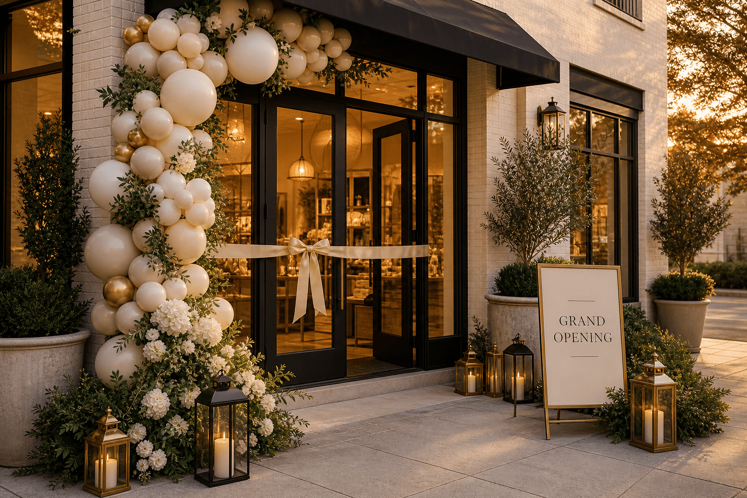A boutique storefront styled for a grand opening with architectural balloons, florals, ribbon, and a signage prop. in Addison Circle, Addison, Texas