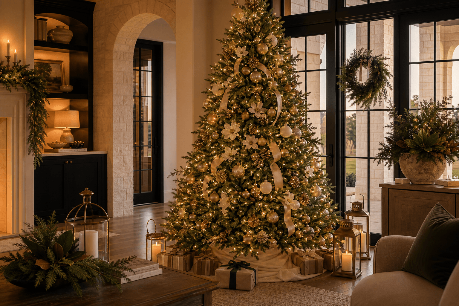 A warm living room styled with a full Christmas tree, cream and brass ornaments, ribbon, wrapped gifts, greenery, and lanterns.
