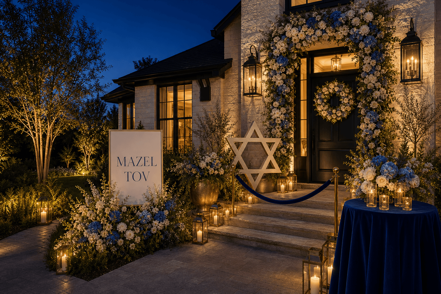 A contemporary limestone entry at blue hour styled for a Bar or Bat Mitzvah with a Mazel Tov sign, Star of David prop, blue-and-ivory florals, and lanterns.