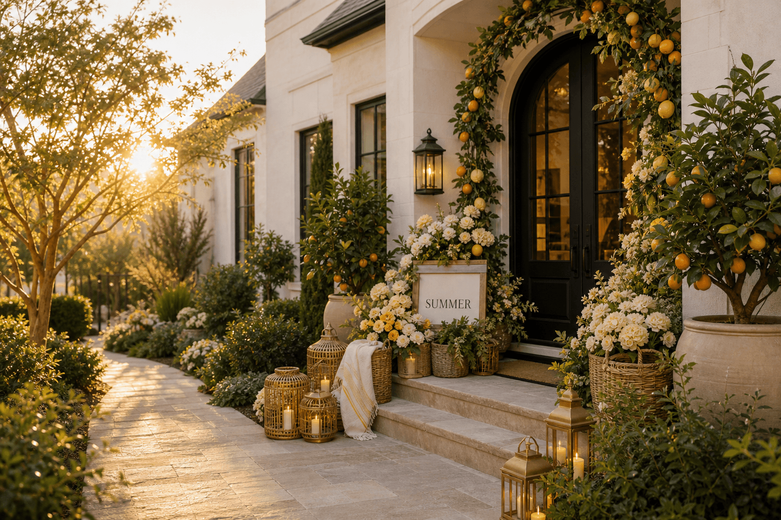 A summer patio with festoon string lights draped overhead in a canopy pattern at dusk