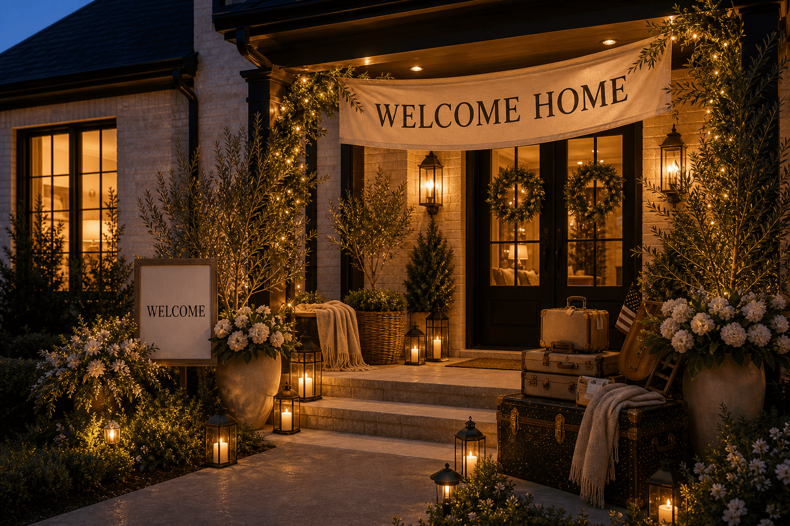 A covered front porch at blue hour styled for a welcome home with a Welcome Home banner, suitcase vignette, wreaths, ivory florals, lanterns, and warm interior glow.