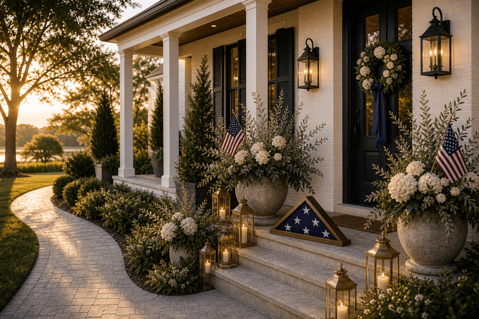 A broad southern-style porch at golden hour styled for Memorial Day with white florals, muted navy ribbon, brass lanterns, small planter flags, and a folded flag display.