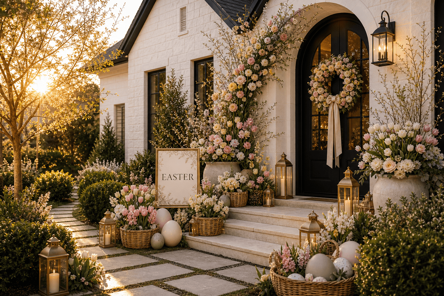 A white arched front entry at golden hour styled for Easter with an Easter sign, pastel florals, ceramic eggs, woven baskets, and brass lanterns.