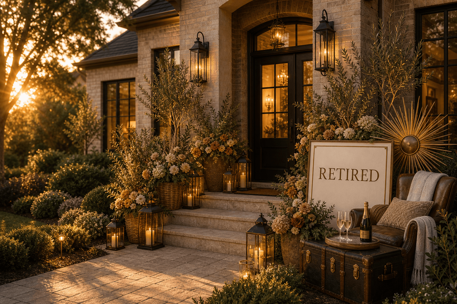 A brick front entry styled for retirement with a Retired sign, a travel trunk, leather chair, sunburst prop, terracotta florals, and brass lanterns.