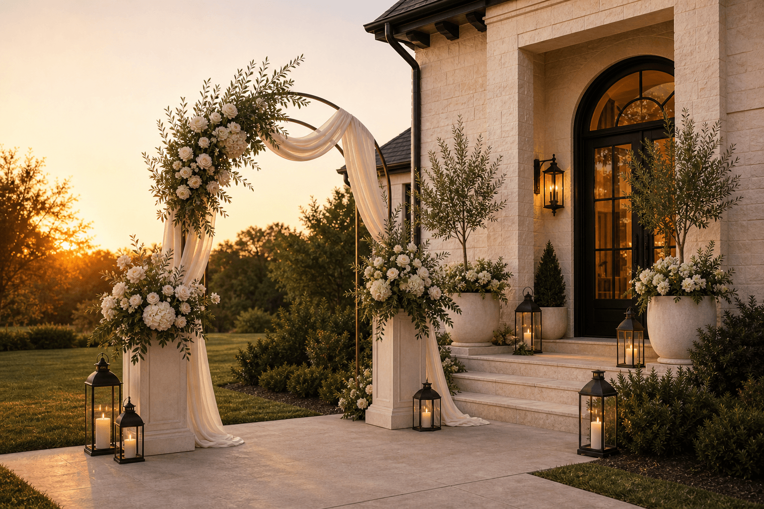 A cream-stone front entry at golden hour styled with a freestanding floral arch, ivory draping, greenery, and lanterns.