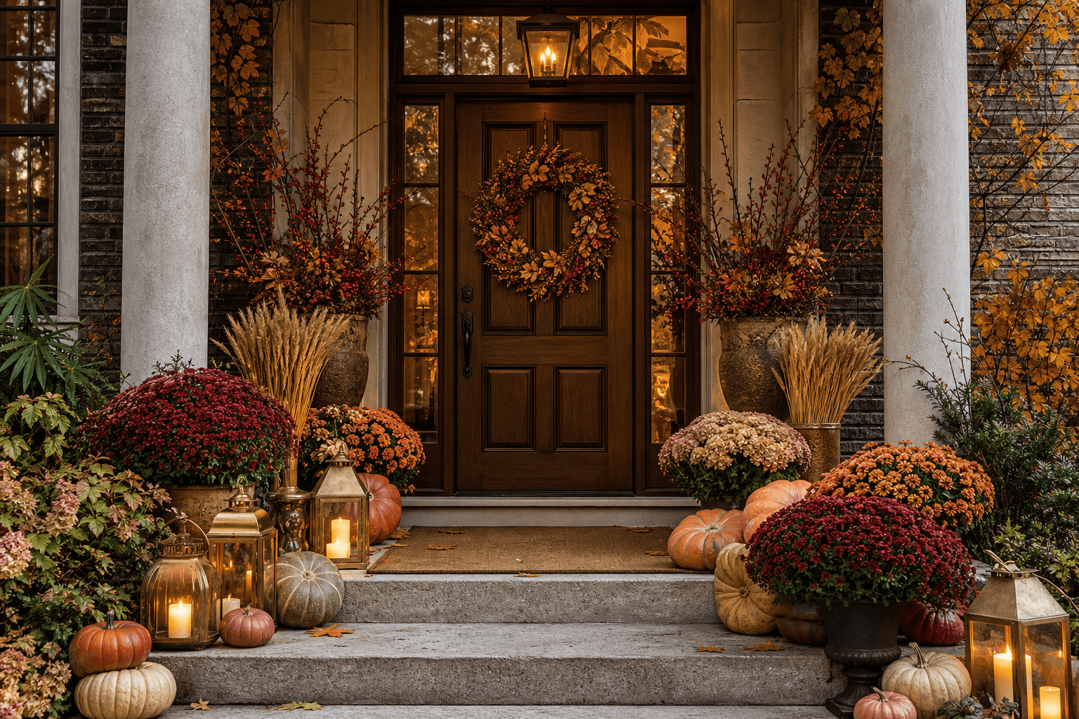 A front porch styled for autumn at dusk, with bronze mums and lit lanterns by the Arbor & Ember studio.