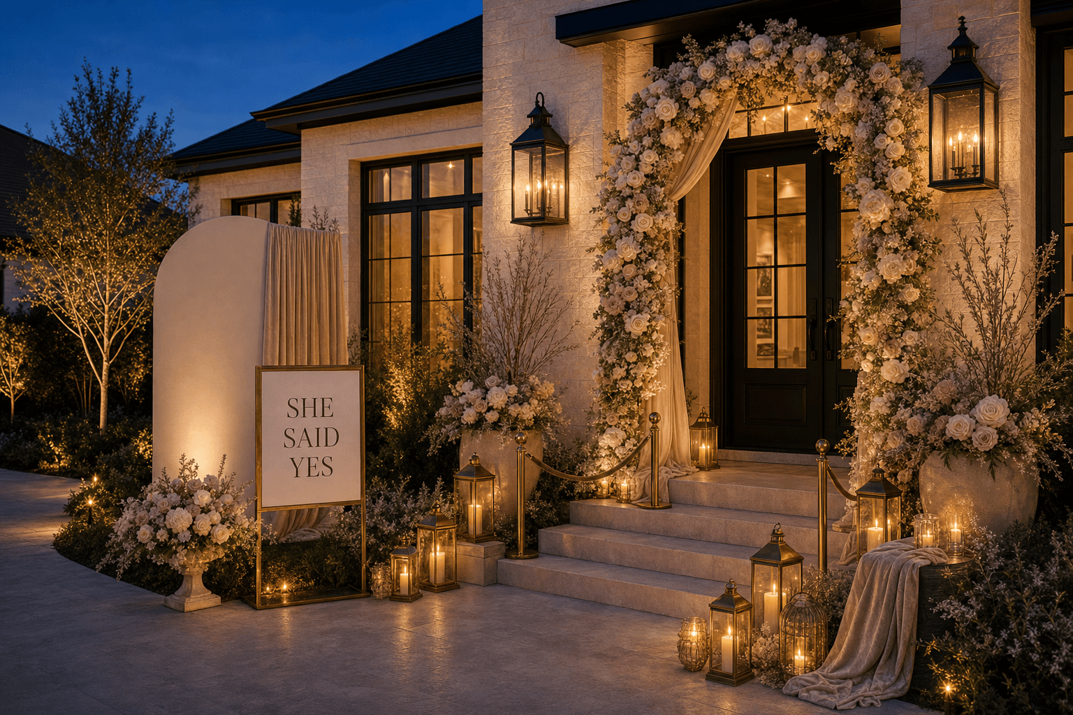 A limestone front entry at blue hour styled for an engagement with a She Said Yes sign, floral arch, champagne backdrop, draped textiles, and lanterns.
