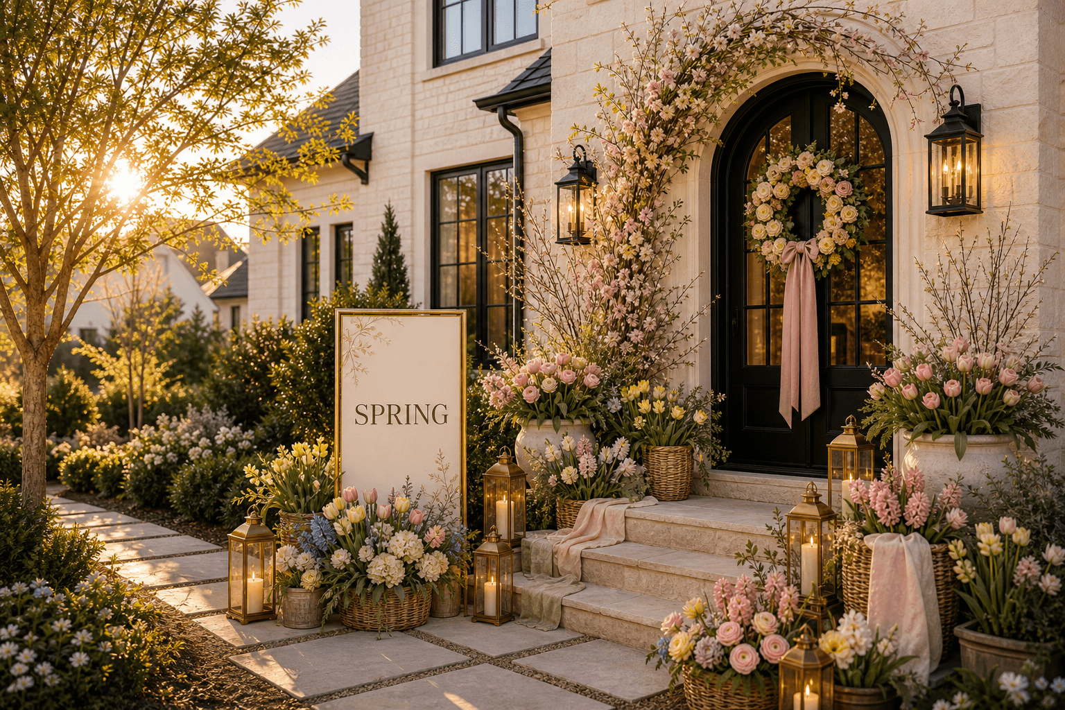A front entry in early spring with a Spring sign, pastel florals, flowering branch arch, woven baskets, soft wreath, and brass lanterns.