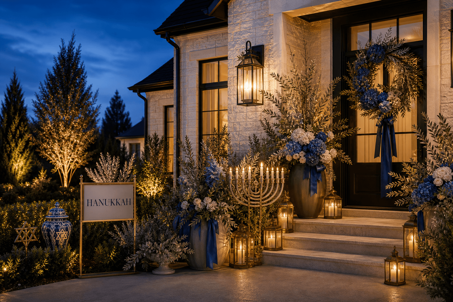 A limestone front entry at blue hour styled for Hanukkah with a menorah prop, blue-and-ivory florals, a Hanukkah sign, ribbon, and brass lanterns.