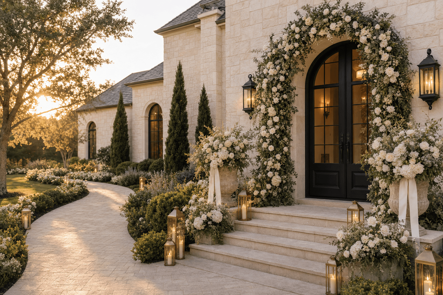 A limestone estate front entry styled for a wedding with a white floral arch, greenery, ivory ribbon, and brass lanterns. in Willow Bend, Plano, Texas
