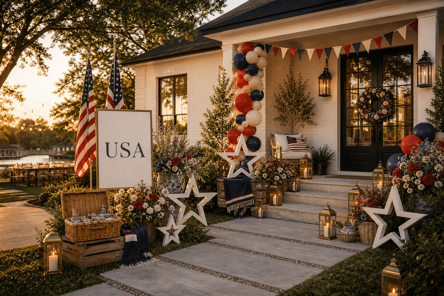 A white brick front entry at golden hour styled for the Fourth of July with a USA sign, navy bunting, flag accents, star sculptures, white florals, and brass lanterns.