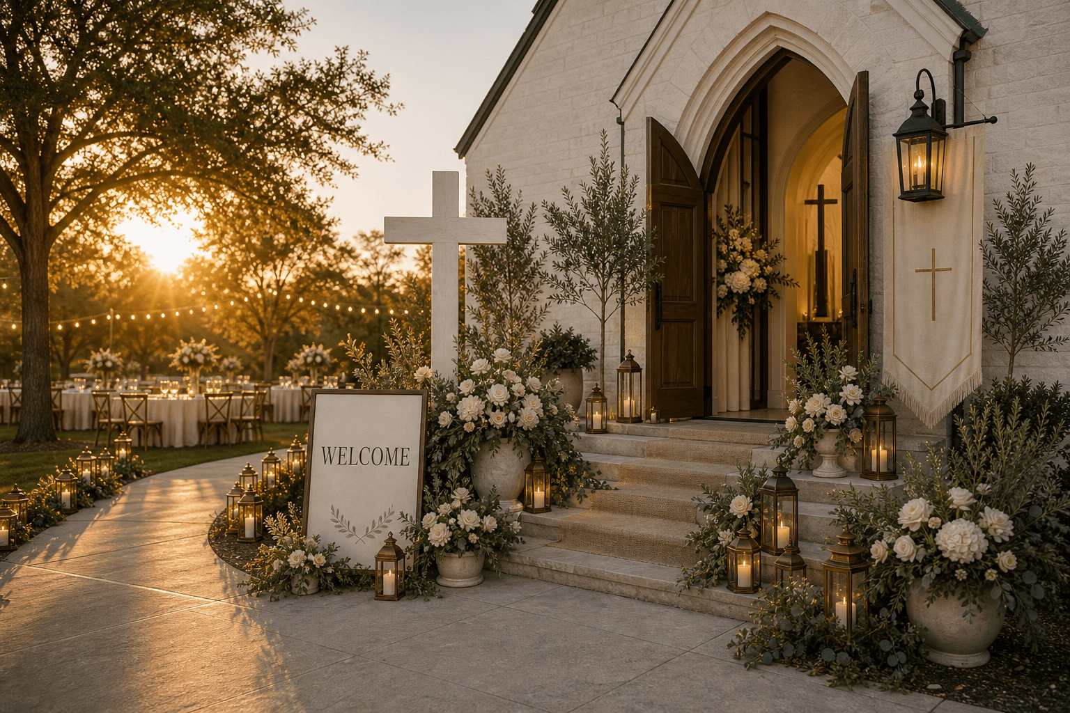 A chapel entry styled for a church event with a Welcome sign, cross prop, white florals, linen banners, greenery, and lantern rows.