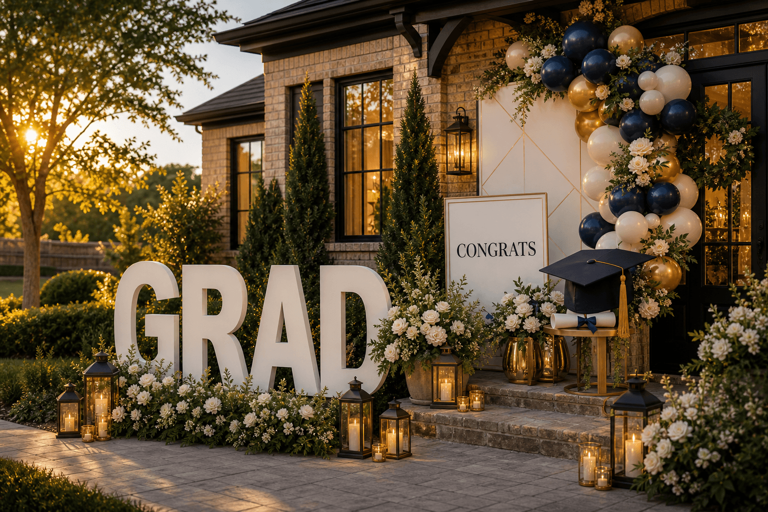 A graduation yard display with balloon columns, hand-lettered name board, and school-color florals