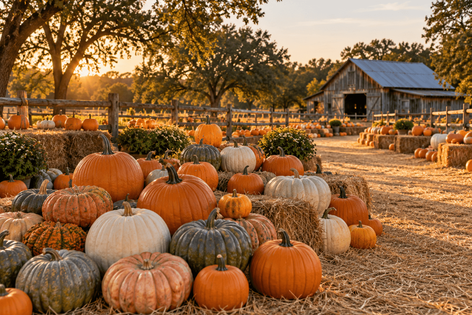 Orange, cream, and green pumpkins beside a straw-covered farm path, with a wooden fence and barn in warm afternoon light.