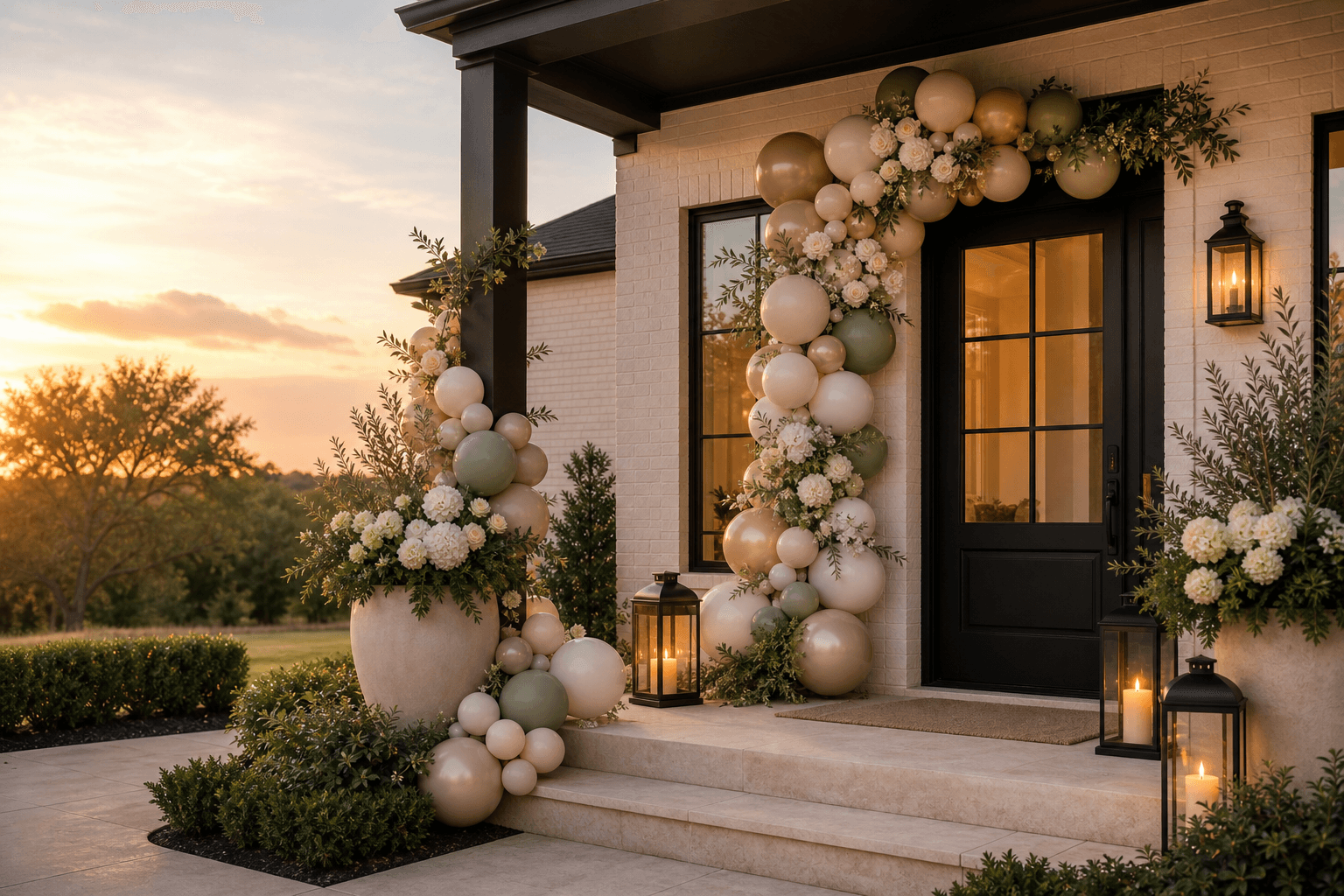 A white-brick front porch styled with an organic cream and sage balloon garland, white florals, greenery, and warm lanterns.