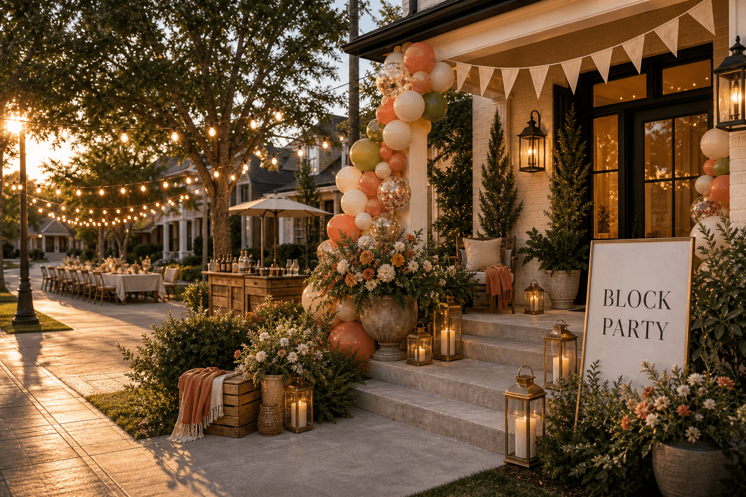 A host porch and sidewalk styled for a block party with a Block Party sign, pennants, architectural balloons, florals, string lights, and lanterns.