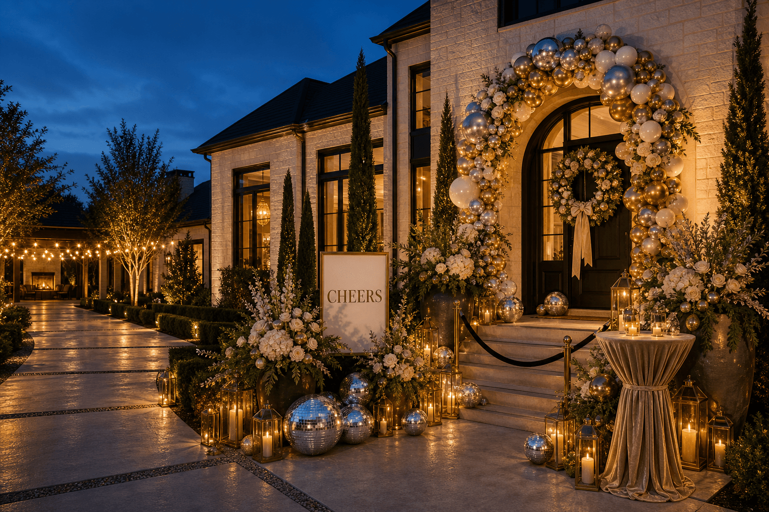A contemporary front entry at blue hour styled for New Year's Eve with a Cheers sign, champagne florals, metallic balloons, mirror-sphere props, and lanterns.