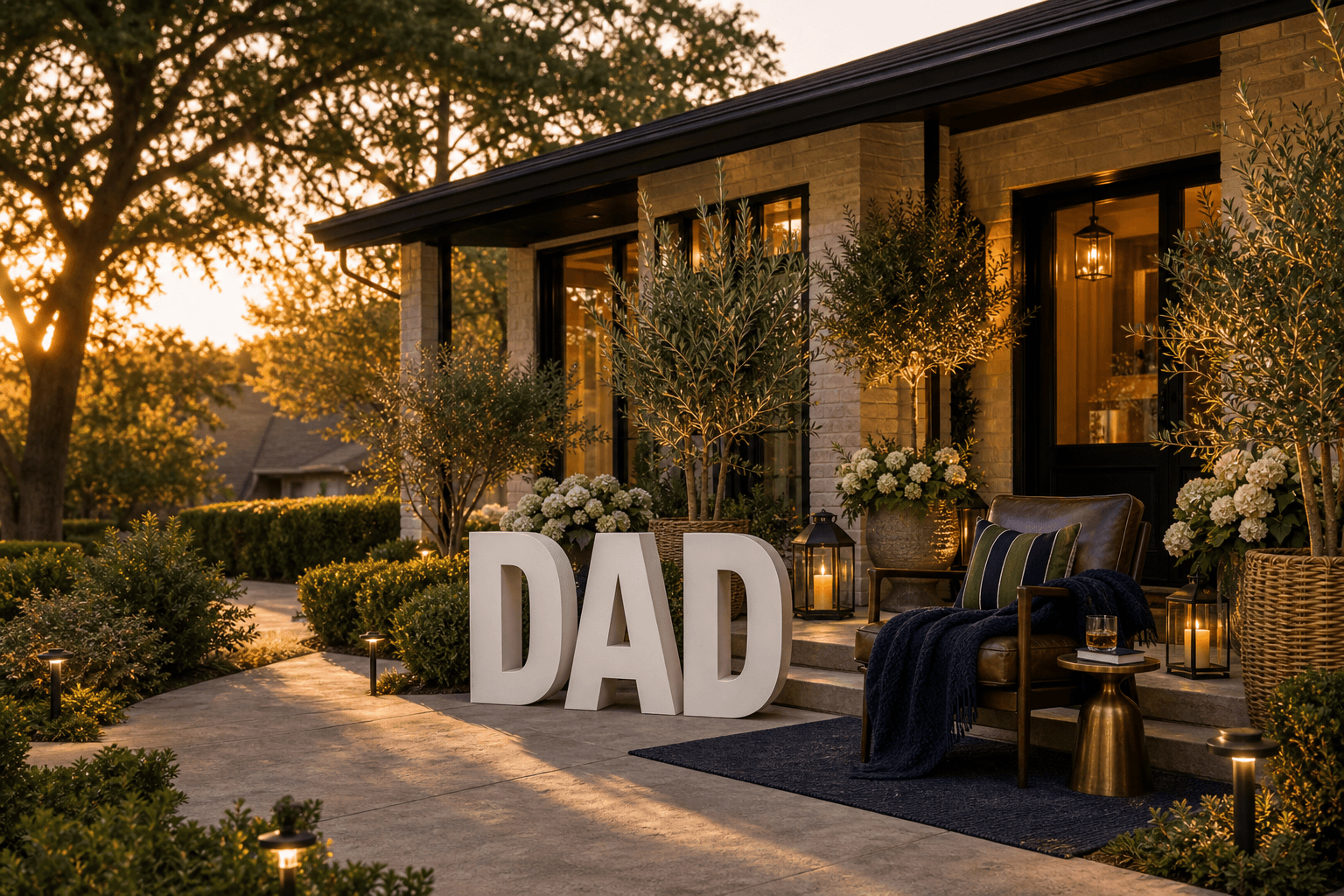 A mid-century ranch front entry at golden hour styled for Father's Day with clean Dad letters, a navy lounge chair vignette, olive greenery, white florals, woven planters, and brass lanterns.
