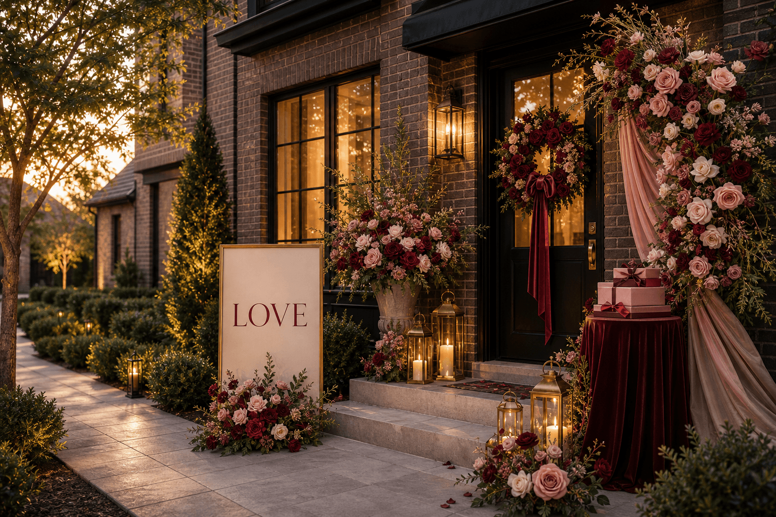 A dark brick front entry at golden hour styled for Valentine's Day with a Love sign, burgundy florals, velvet draping, ribbon props, and brass lanterns.