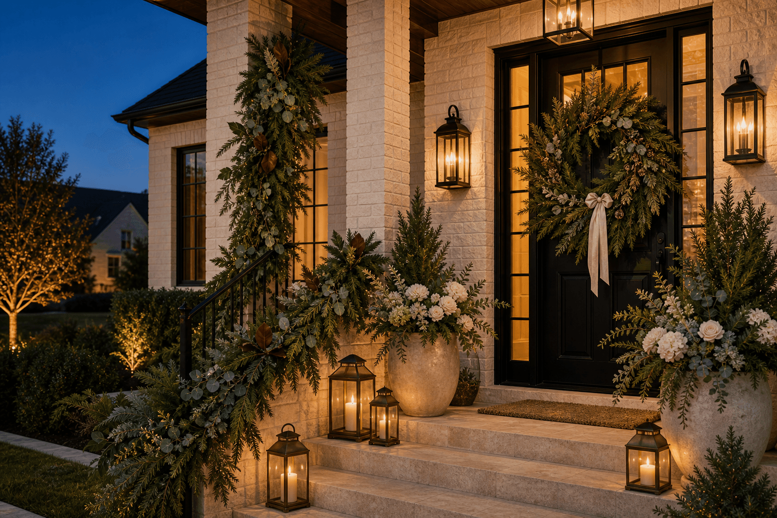 A blue-hour front entry styled with a hand-tied wreath, fresh garland, white planters, and warm lantern light.