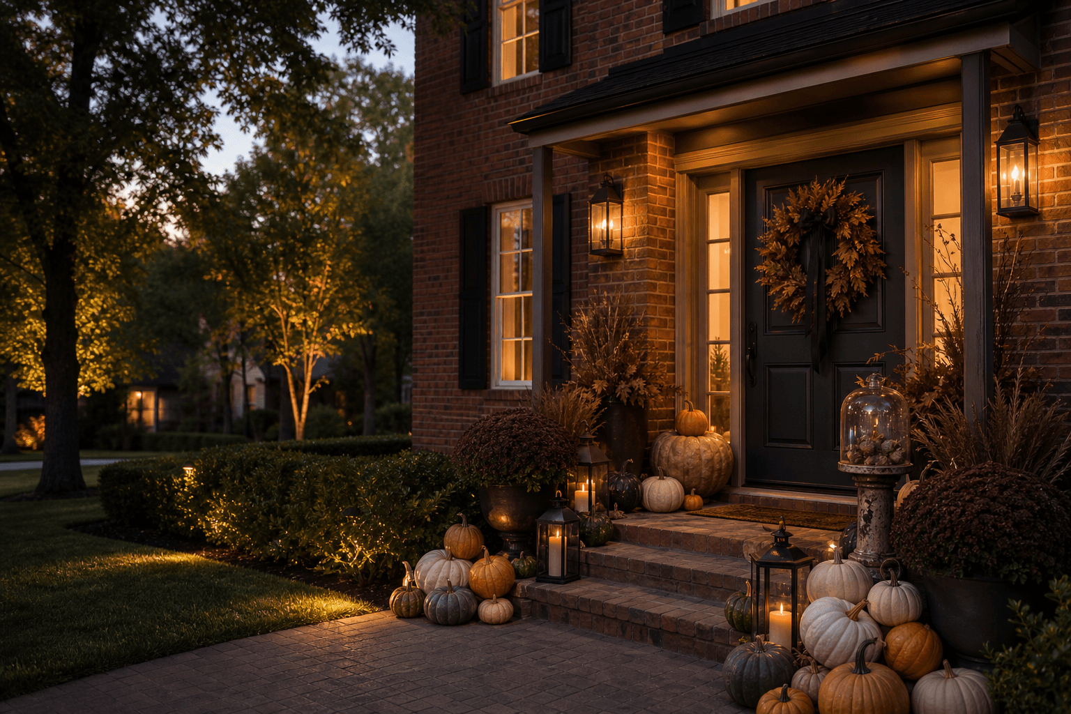 A red-brick traditional front porch at dusk styled for Halloween with heirloom pumpkins, dried branches, deep mums, a wreath, and lanterns. in Star Trail, Prosper, Texas