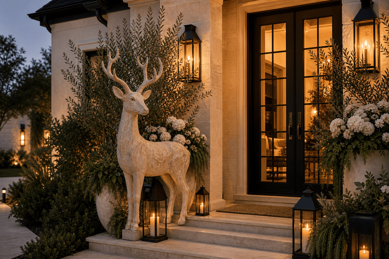 A front entry at dusk styled with an oversized sculptural deer figure, white florals, greenery, and warm lanterns.