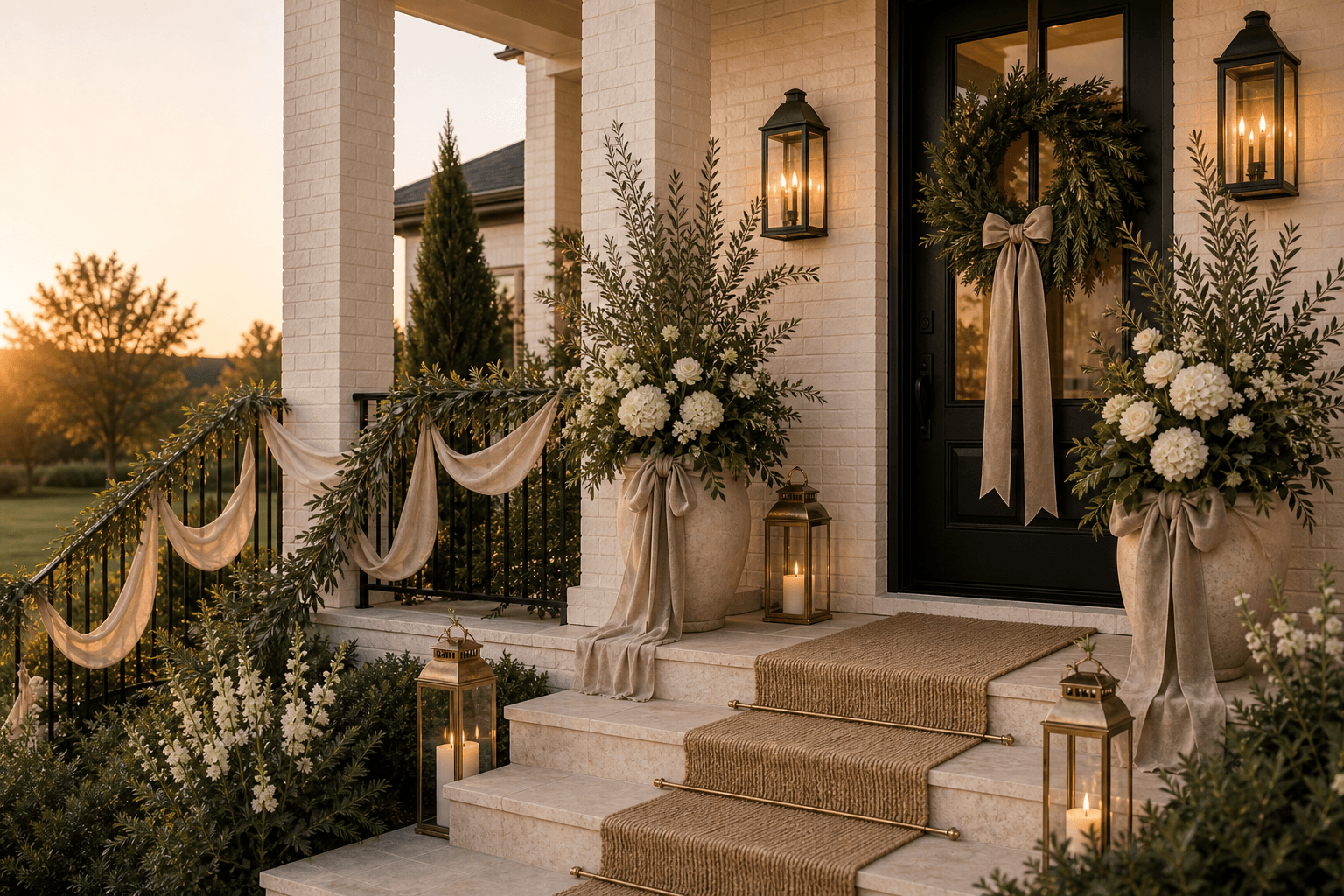 A front porch styled with linen bunting, ivory ribbon, a neutral runner, white floral planters, greenery, and lanterns.