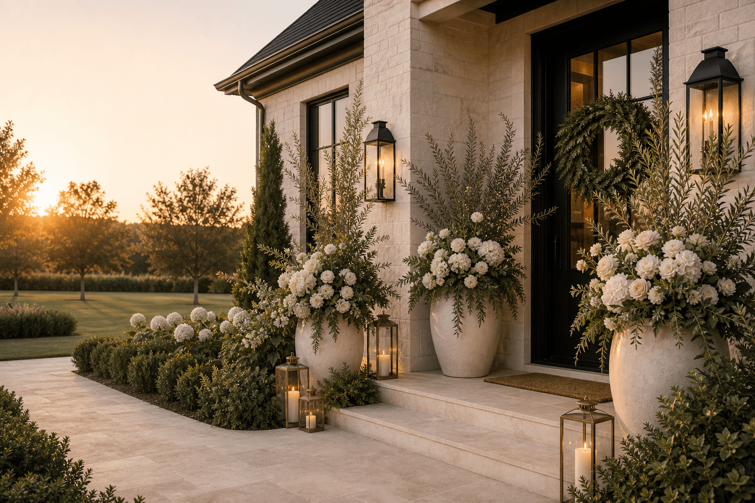 A cream-stone front entry at golden hour styled with oversized white floral planters, greenery, lanterns, and a fresh door wreath.