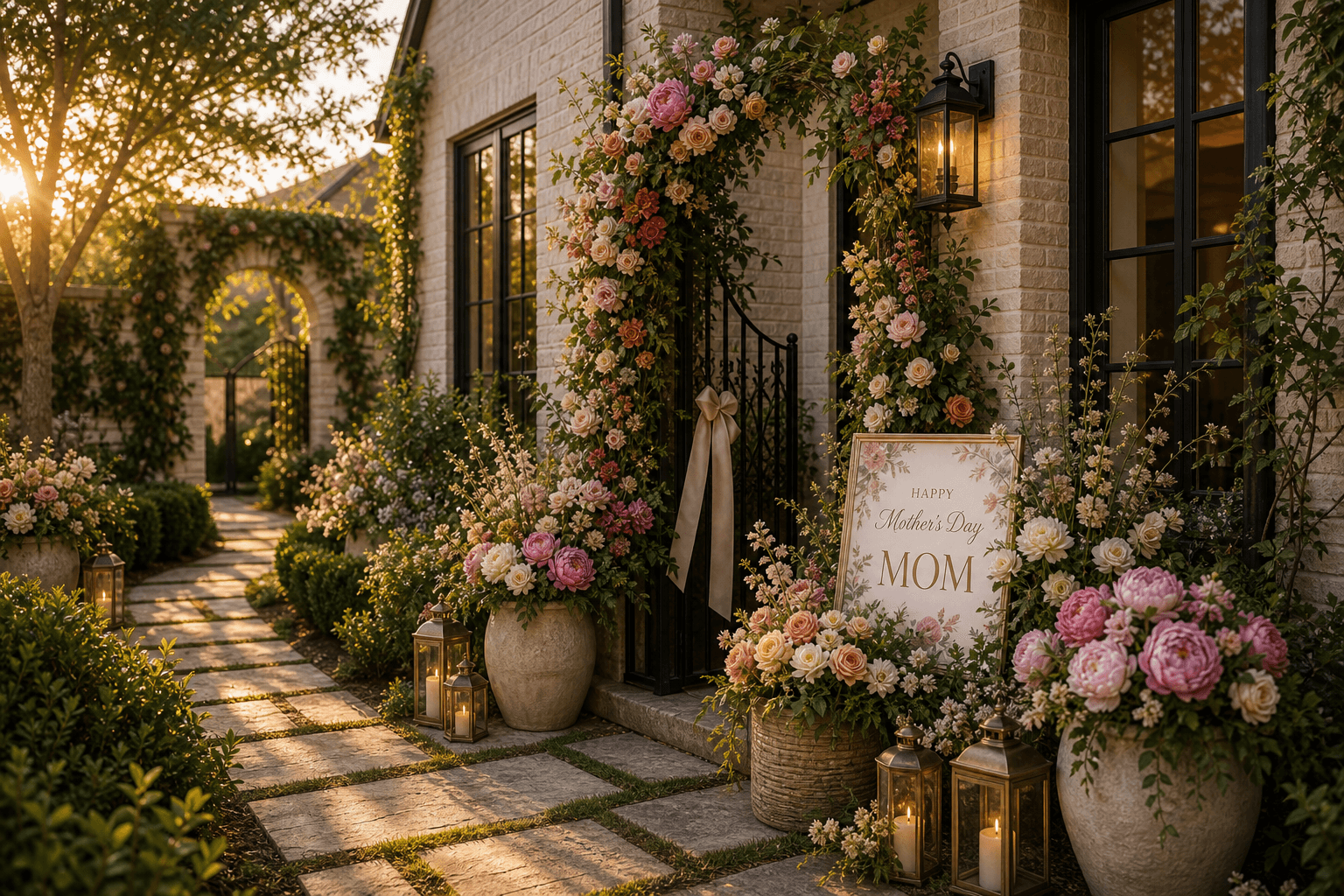 A garden courtyard entry at golden hour styled for Mother's Day with a floral gate arch, peony planters, a Mom sign, linen ribbon, and brass lanterns. in Heritage, Lantana, Texas