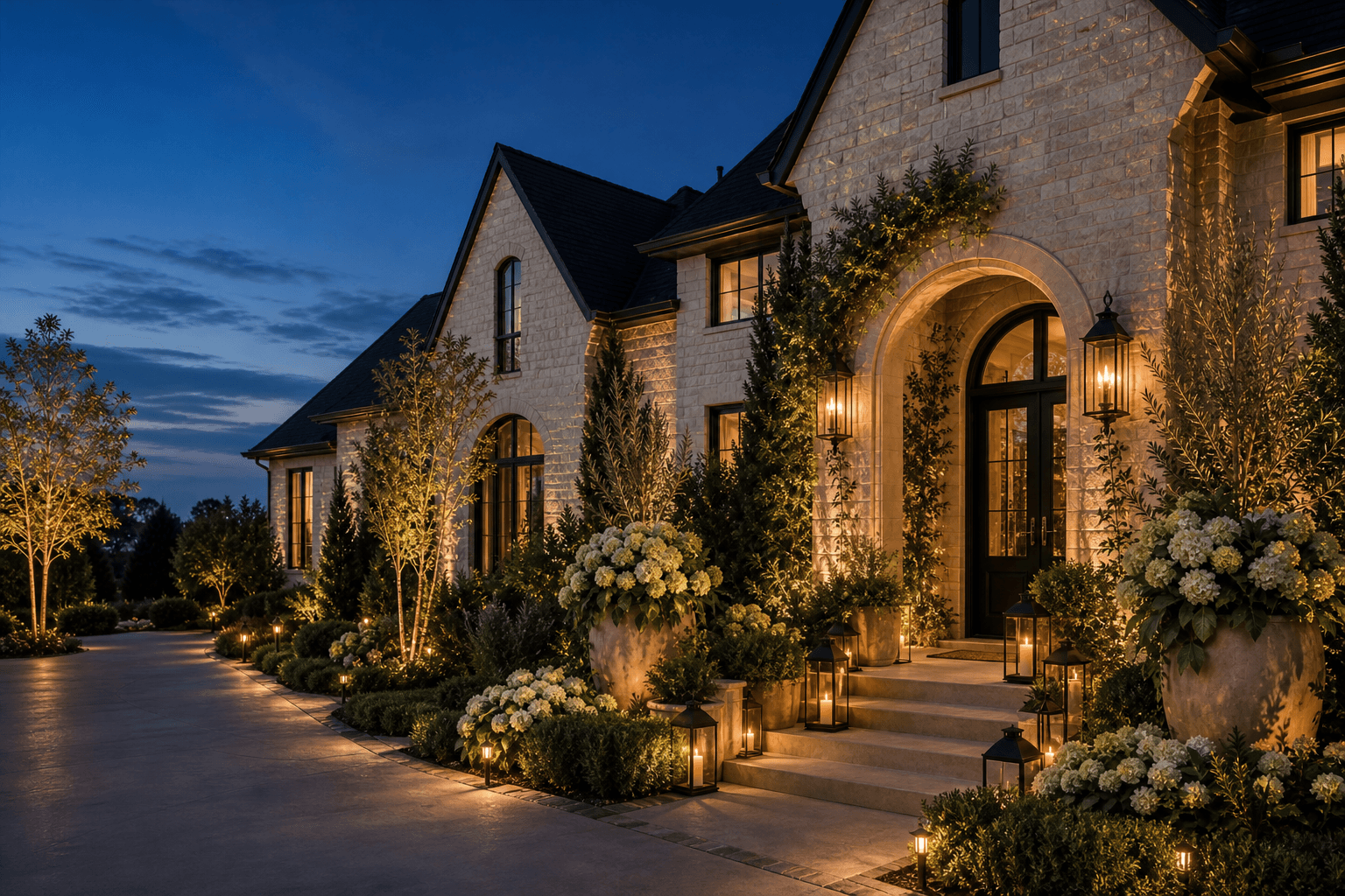 An estate facade with wreathed gables and architectural florals