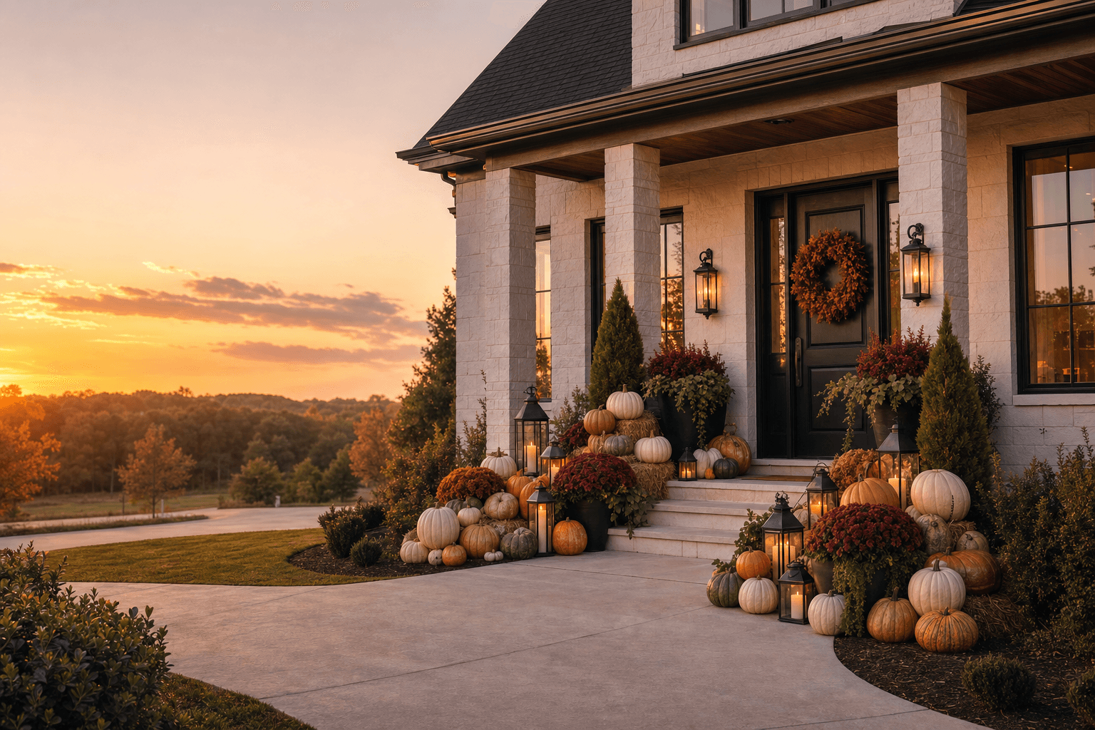 A limestone front porch at sunset styled with heirloom pumpkins, deep mums, dried wheat, lanterns, and a warm fall wreath.